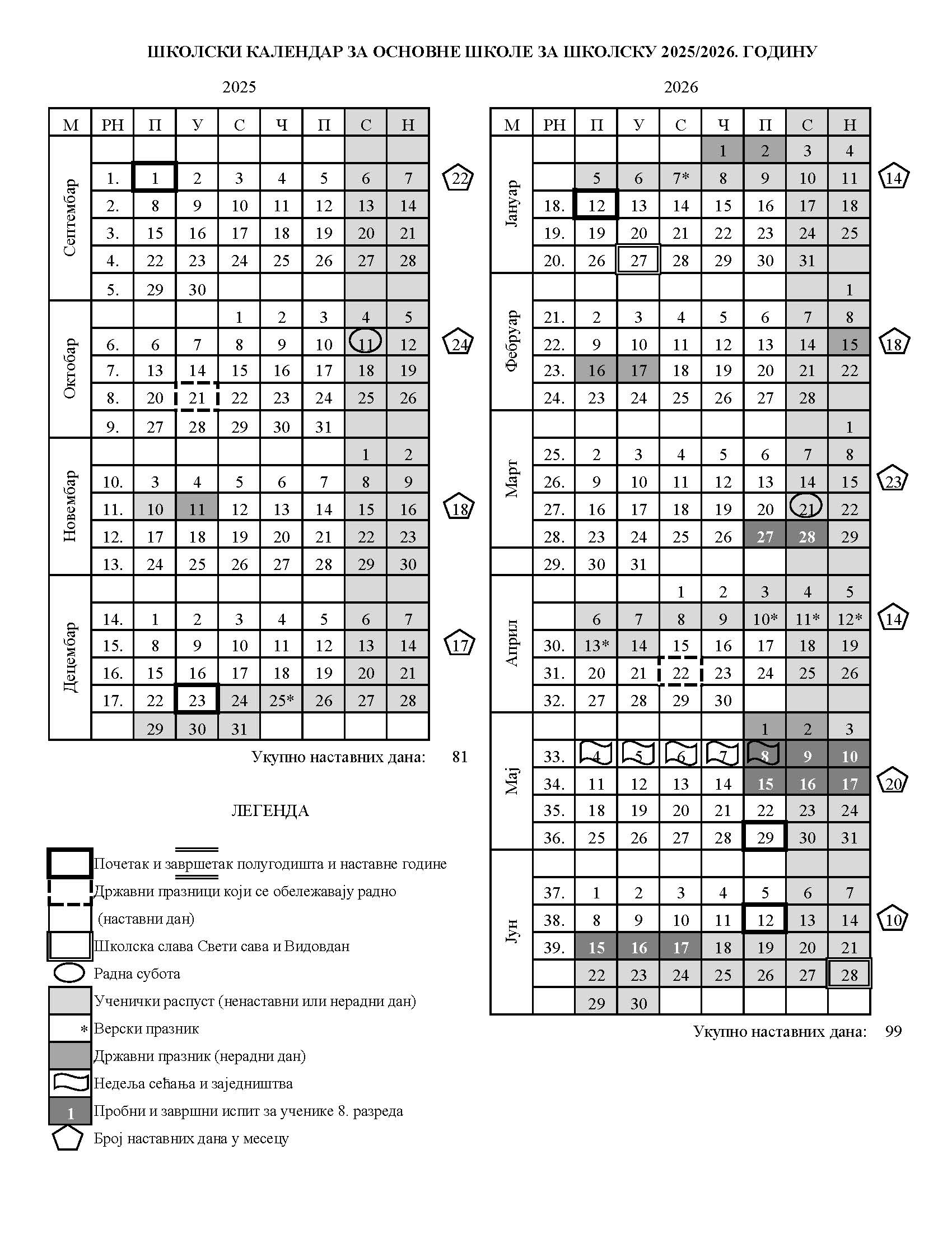 kalendar za 2025/2026.